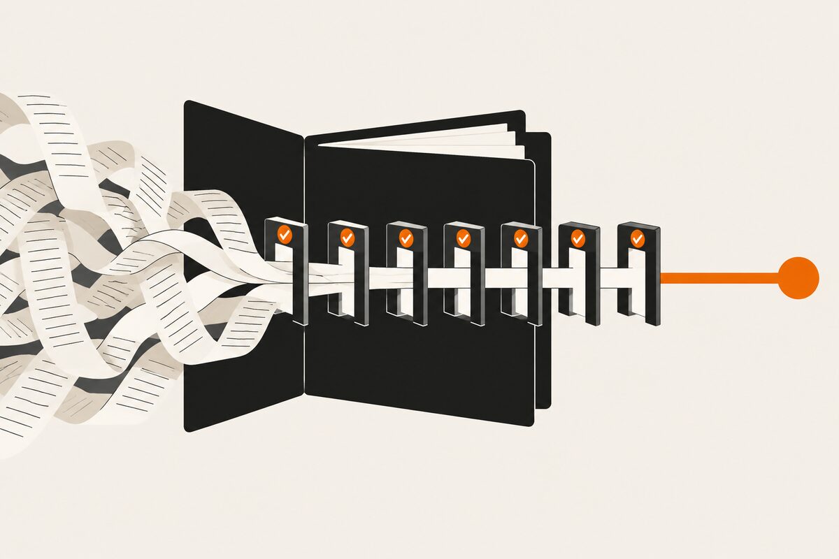 A tangle of paper instructions pulled through a binder into ordered steps